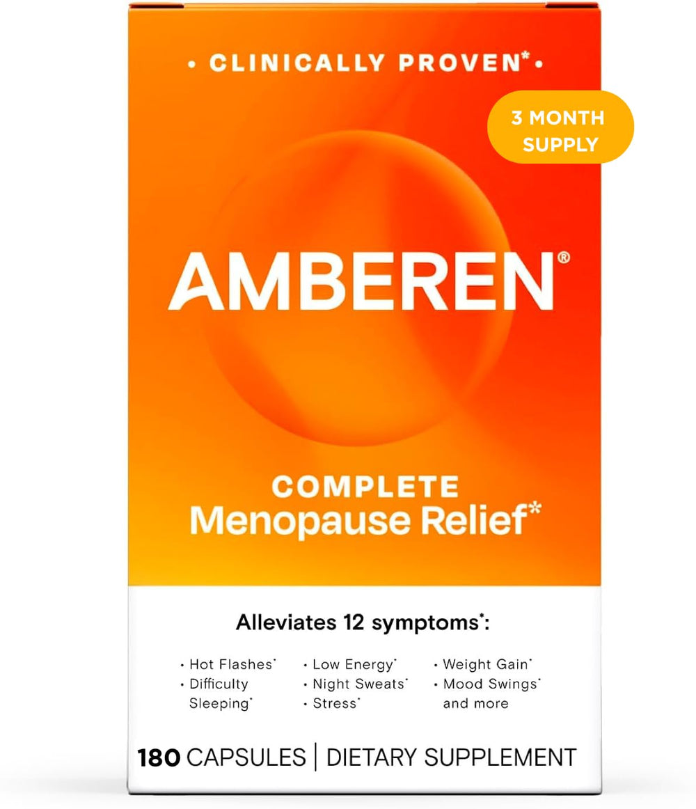 Amberen menopause capsules bottle highlighting 180-count packaging for ongoing balance