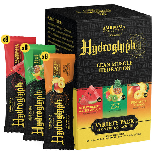Ambrosia Hydroglyph front view with Variety Pack on-the-go packs