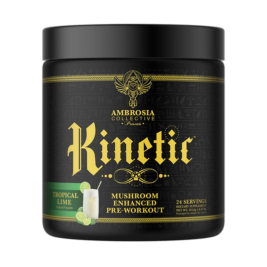 Ambrosia Kinetic Organic Preworkout bottle with Tropical Lime flavor