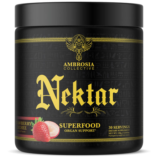 Ambrosia Nektar bottle with Strawberry Lychee flavor and scoop