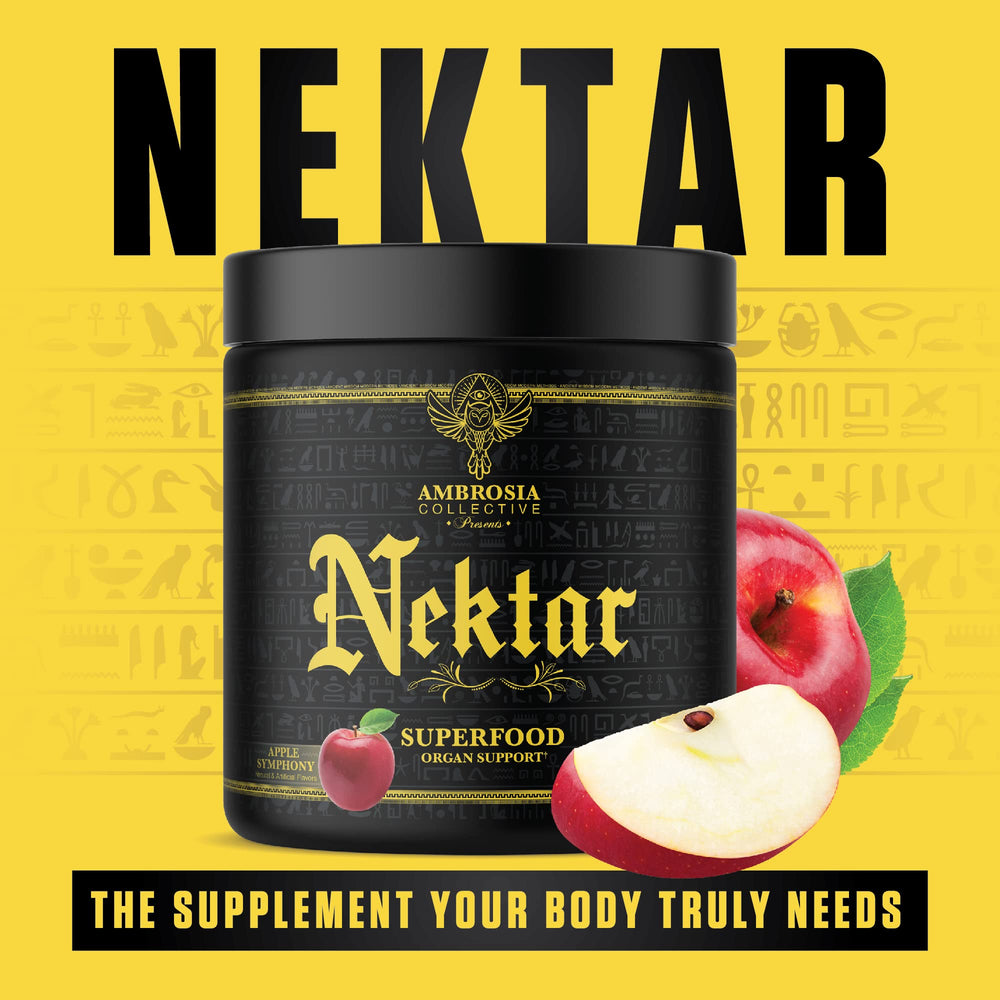 Ambrosia Nektar powder scooped next to prepared drink
