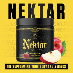 Ambrosia Nektar powder scooped next to prepared drink