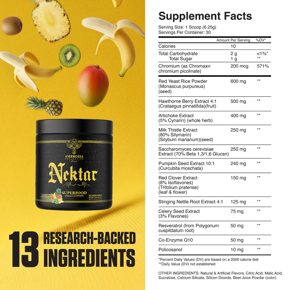 Ambrosia Nektar Fruit Symphony flavor label close-up, a tasty greens powder option for daily greens