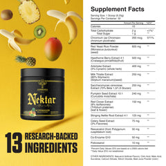 Ambrosia Nektar Fruit Symphony flavor label close-up, a tasty greens powder option for daily greens