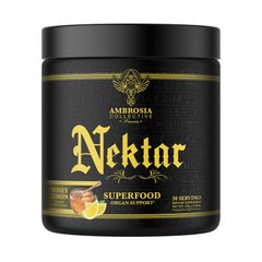 Ambrosia Nektar Honey Lemon flavor tub with scoop