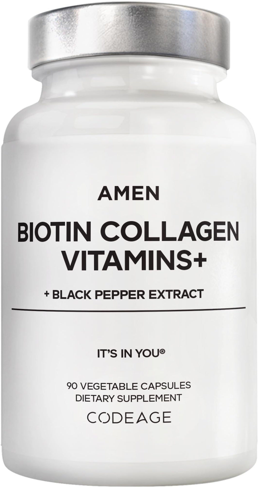 Amen Biotin Collagen Vitamins+ bottle with label showing 10,000 mcg biotin