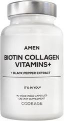 Amen Biotin Collagen Vitamins+ bottle with label showing 10,000 mcg biotin