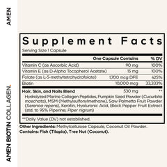 Close-up of Amen Biotin Collagen Vitamins+ capsule and bottle
