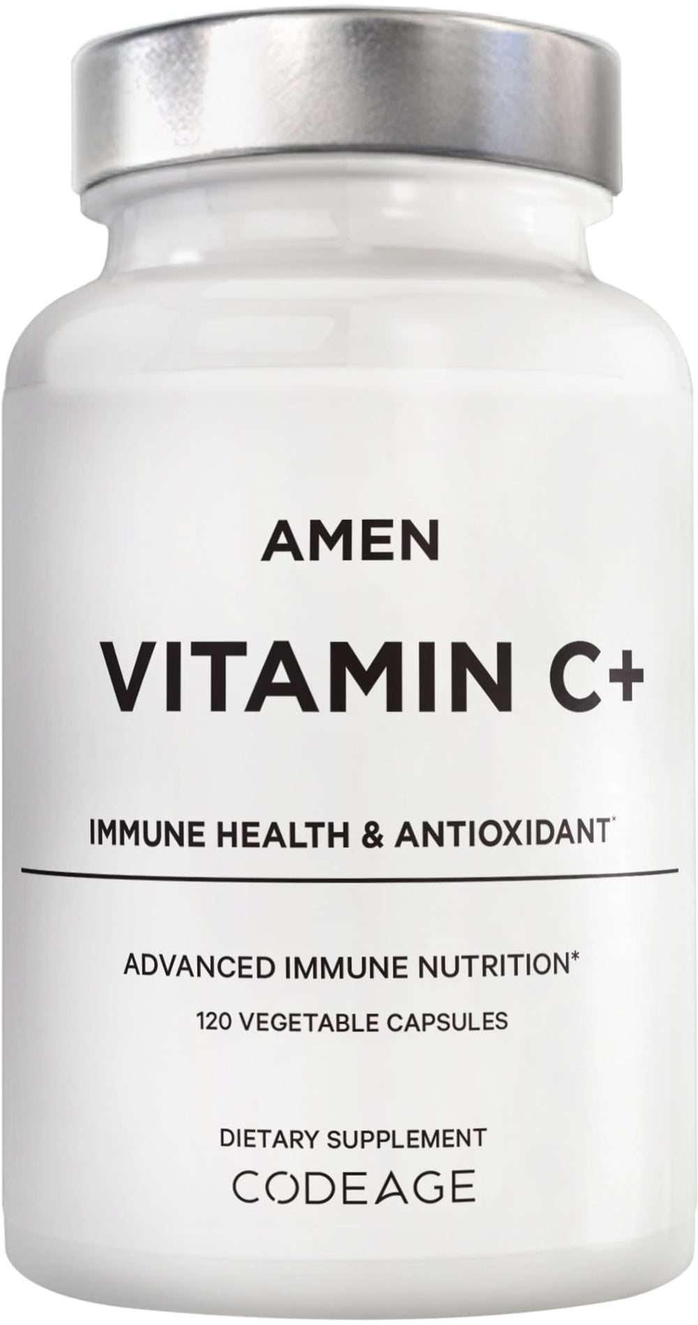 Amen Vitamin C+ bottle with zinc and plant-based ingredients including bioflavonoids, elderberry, quercetin and rose hips