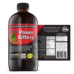 Amenazel Organic Power Bitters bottle 16 fl oz with plant-based formula for immune support and gentle digestive cleansing