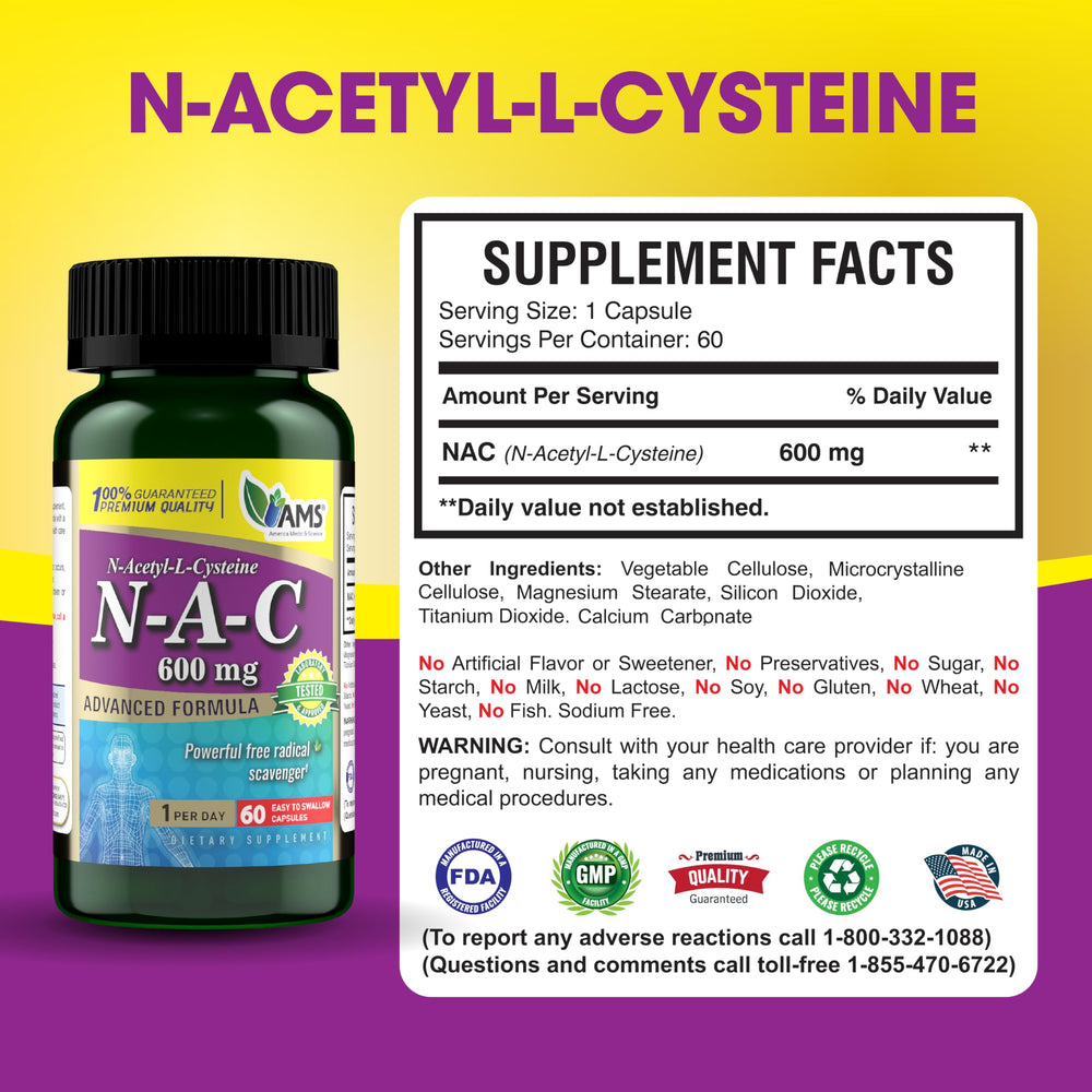 Product packaging and label of NAC 600mg supplement