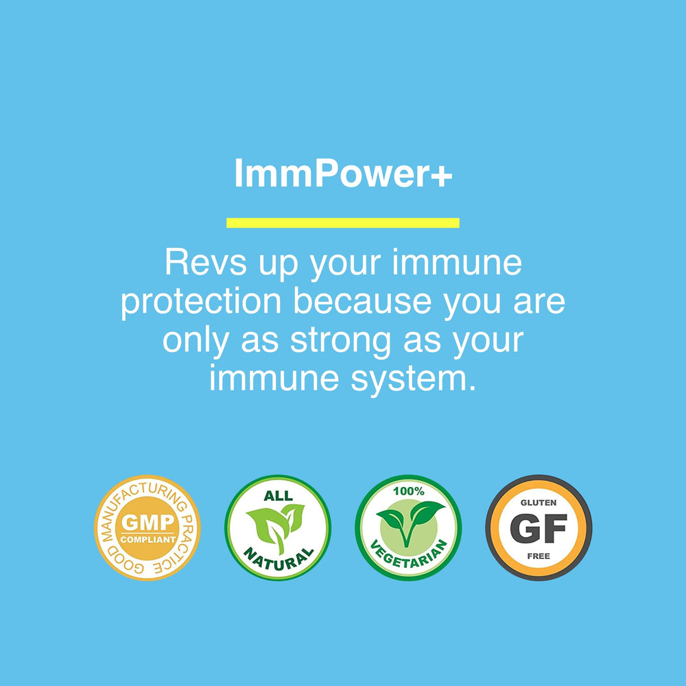ImmPower Plus ingredients graphic showing AHCC and FWGE blend.