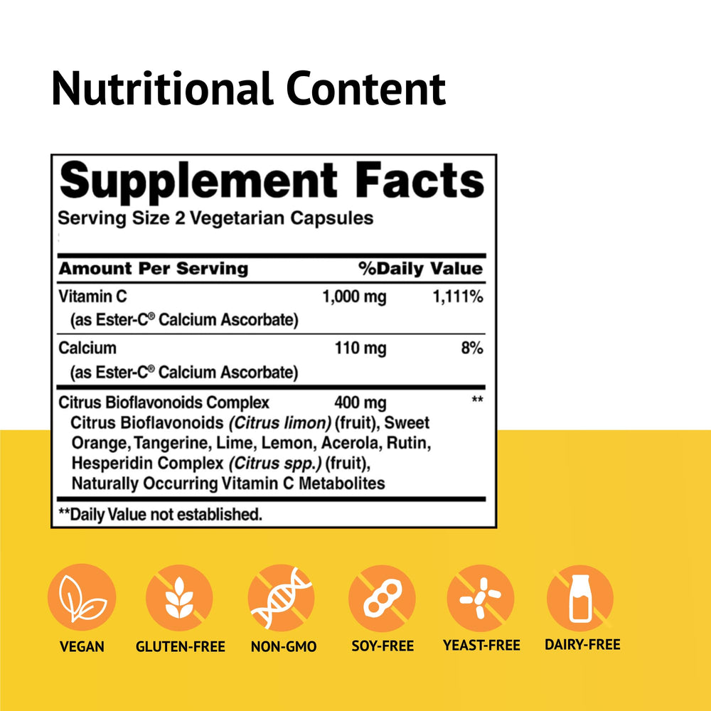 Close-up of Ester-C label highlighting non-GMO, vegan, and gluten-free claims