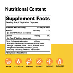 Close-up of Ester-C label highlighting non-GMO, vegan, and gluten-free claims