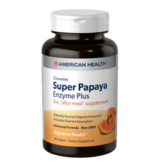 Bottle of American Health Super Papaya Enzyme Plus with 180 chewable tablets