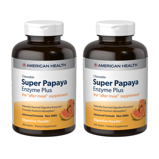 Front view of American Health Super Papaya Enzyme Plus packaging showing 360 chewable tablets in Pack of 2
