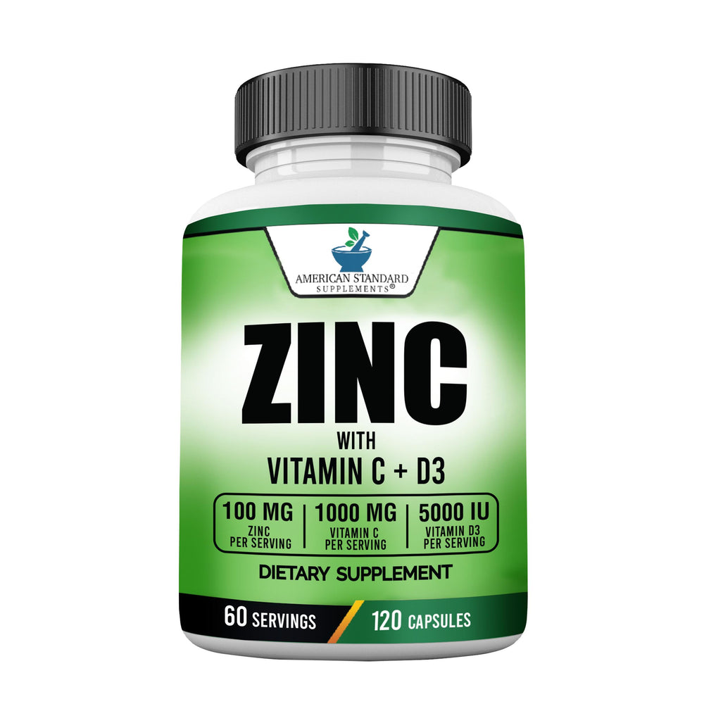 Front of American Standard Supplements bottle featuring zinc, vitamin C, and vitamin D3 blend