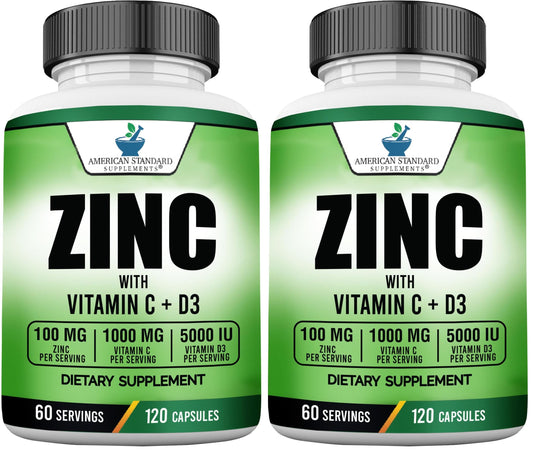 Box and bottle of American Standard Supplements with zinc 100mg, vitamin C 1000mg, and vitamin D3 5000 IU in a 2-pack