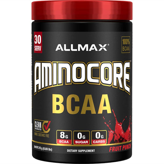 Front view of ALLMAX AMINOCORE BCAA Powder Fruit Punch 315 g bottle