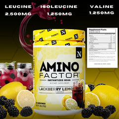 Amino Factor flavors including Gushing Gummy, Blackberry Lemonade and Blue Hawaiian