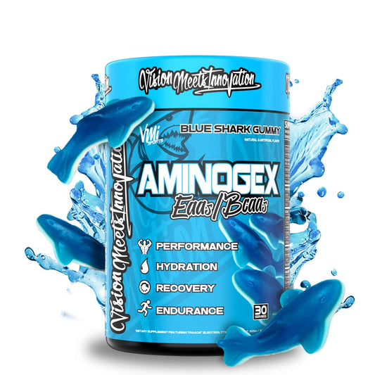 Aminogex Ultra bottle with Blue Shark Gummy flavor – front view