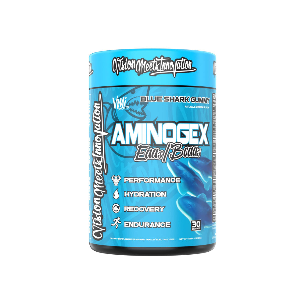 Aminogex Ultra bottle packshot showing Blue Shark Gummy flavor