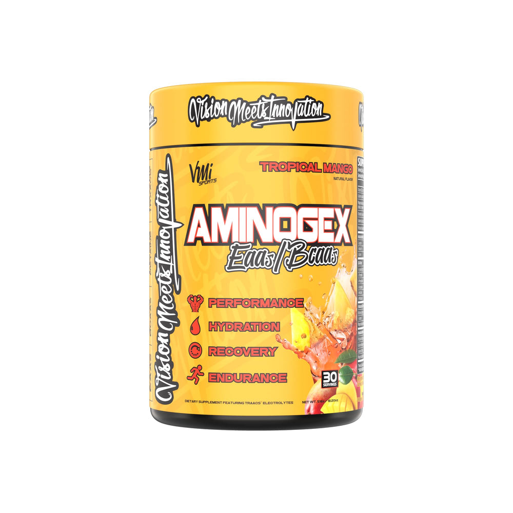 Aminogex Ultra packaging with serving scoop and mango flavor