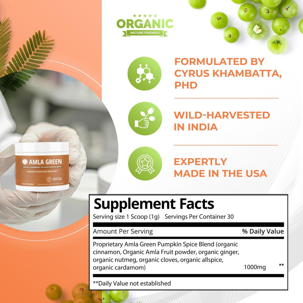 Amla Green ingredients show non-GMO vegan gluten-free