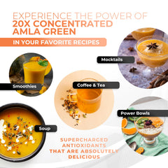 Amla Green vegan, non-GMO, gluten-free label on packaging