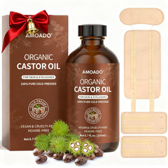 AMOADO Organic Castor Oil Pack Wrap Kit bottle in amber glass