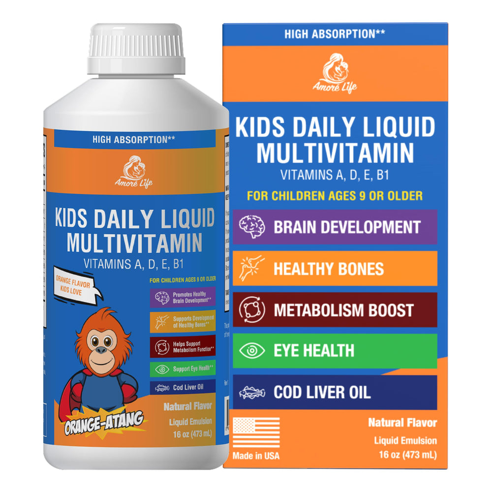 Bottle of Amore Life Kids Liquid Multivitamin in orange flavor