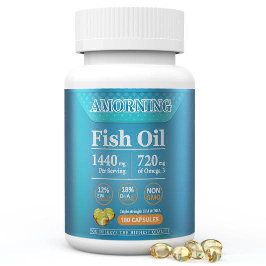 AMORNING Fish Oil Softgels bottle front label showing 180-count 1440mg