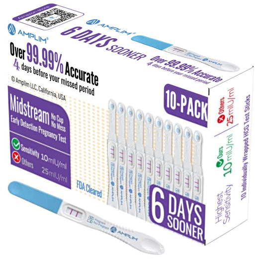 AMPLIM HCG early detection pregnancy test sticks 10-count bulk package front view