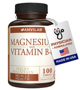 Front label of Amvilab Magnesium & Vitamin B6 bottle