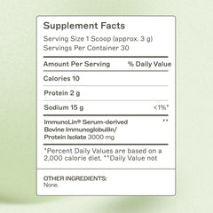 Close-up of ImmuneIG powder with scoop highlighting dairy-free formula