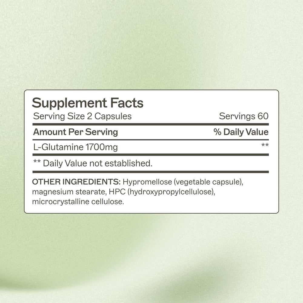 Close-up of label on Amy Myers MD L-Glutamine Capsules