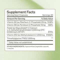Methylation Support bottle label highlighting MTHFR and B vitamins