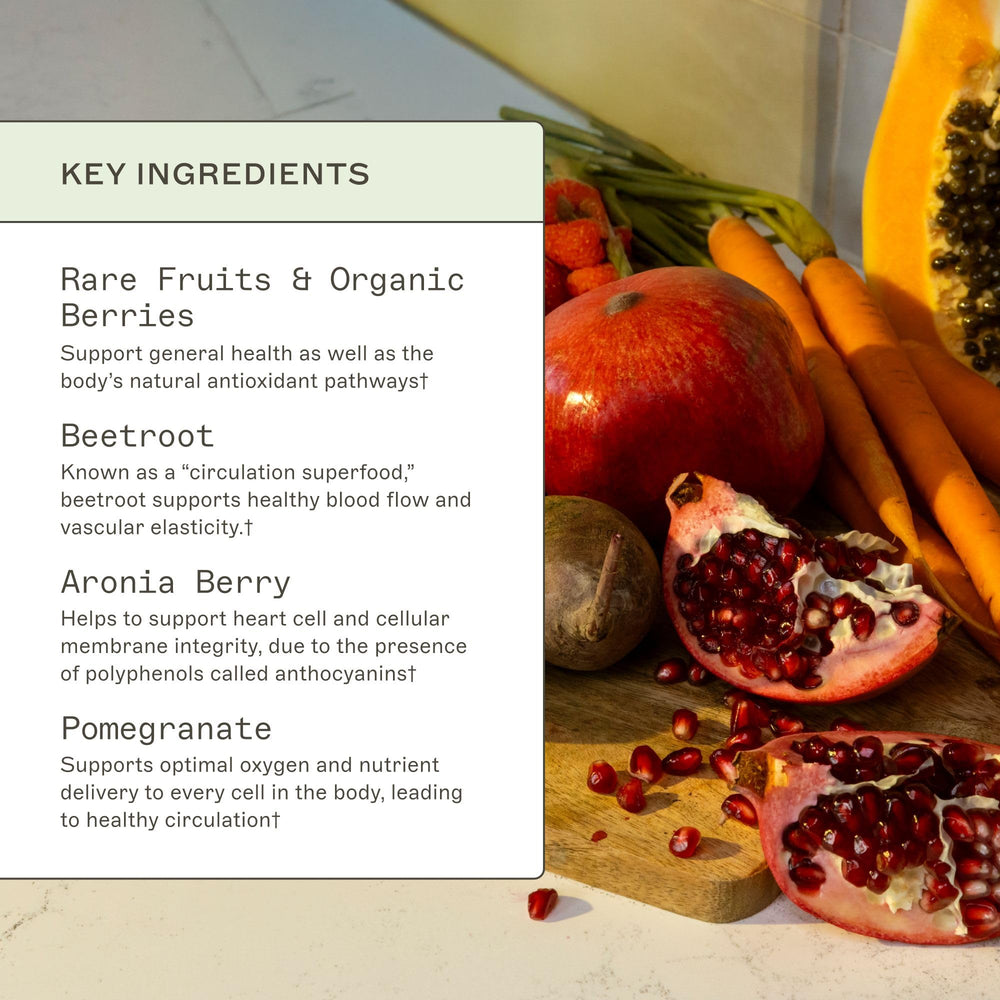 Aronia berries and raspberry components highlight the blend in Organic Reds