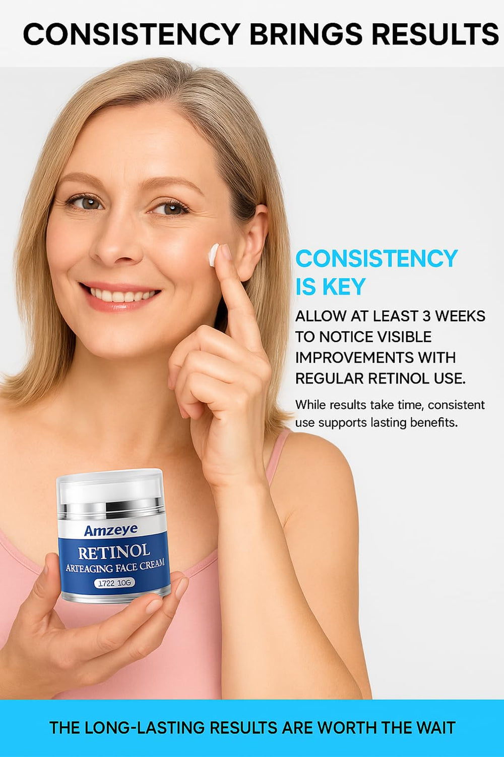 AMZEYE Retinol Face Cream swatch demonstrates smooth blend for daily use