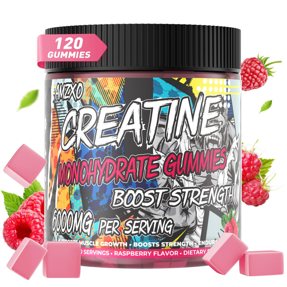 AMZXO Creatine Monohydrate Gummies bottle with 120 raspberry chews