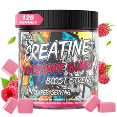 AMZXO Creatine Monohydrate Gummies bottle with 120 raspberry chews