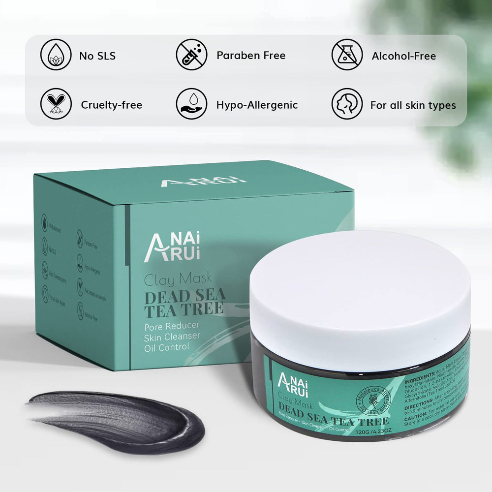 ANAI RUI Dead Sea Mud Mask with tea tree oil soothing texture on face.
