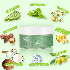 Close-up of ANAI RUI Green Tea Mask jar reveals creamy clay texture for easy application