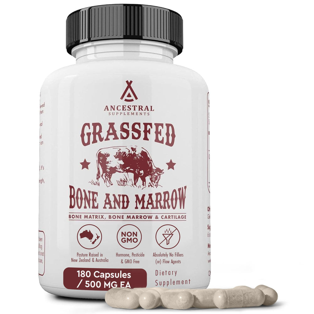 Ancestral Supplements grass-fed beef bone and marrow bottle shows capsule-based joint support.