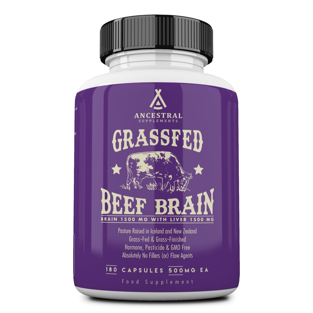 Bottle of Ancestral Supplements grass-fed beef brain and liver capsules