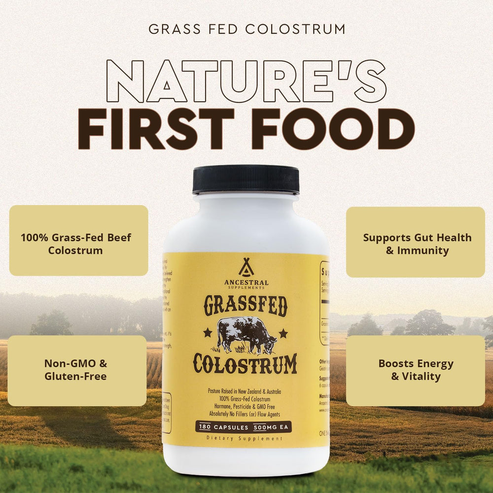 Close-up of grass-fed beef colostrum capsules in a row