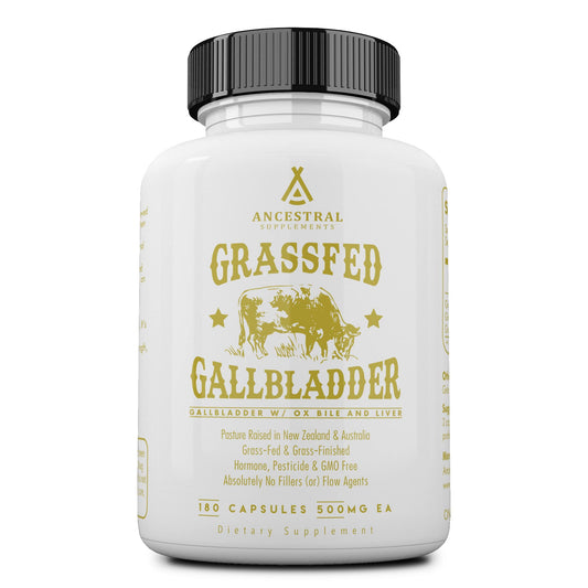 Bottle of Ancestral Supplements Grass-Fed Beef Gallbladder with Ox Bile and Liver, 180 capsules