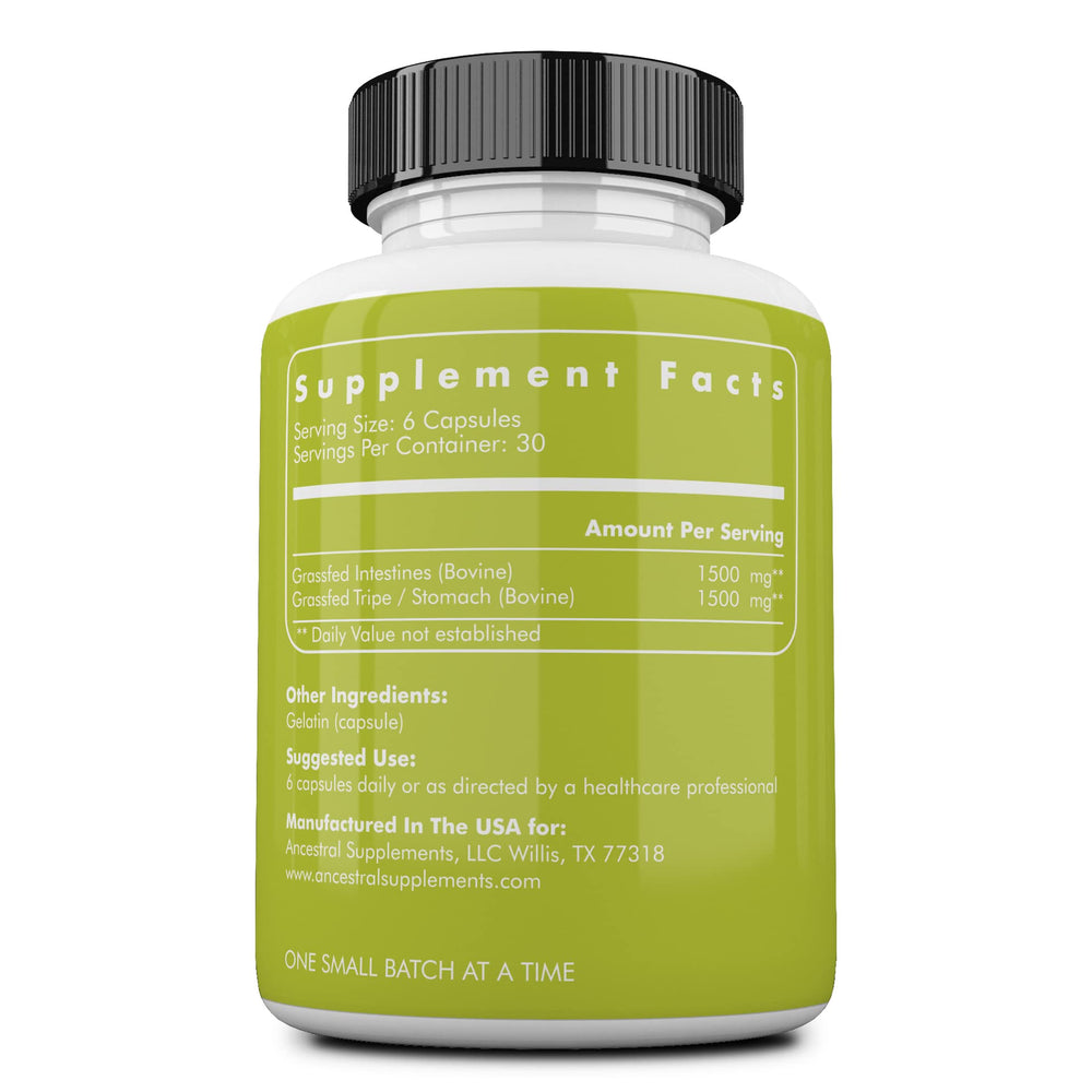 Product label highlighting grass-fed beef Tripe and 3000mg dosage