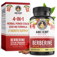 Ancient Bliss Berberine HCL bottle with Cinnamon, Bitter Melon, and Green Tea Extract label