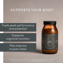 Close-up of True Creatine+ ingredients: Creatine Monohydrate, Taurine, Magnesium, Vitamin D.